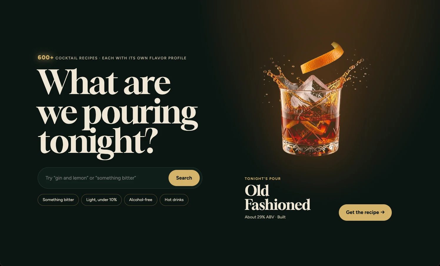 Drinky-Drink homepage with the Old Fashioned fully built