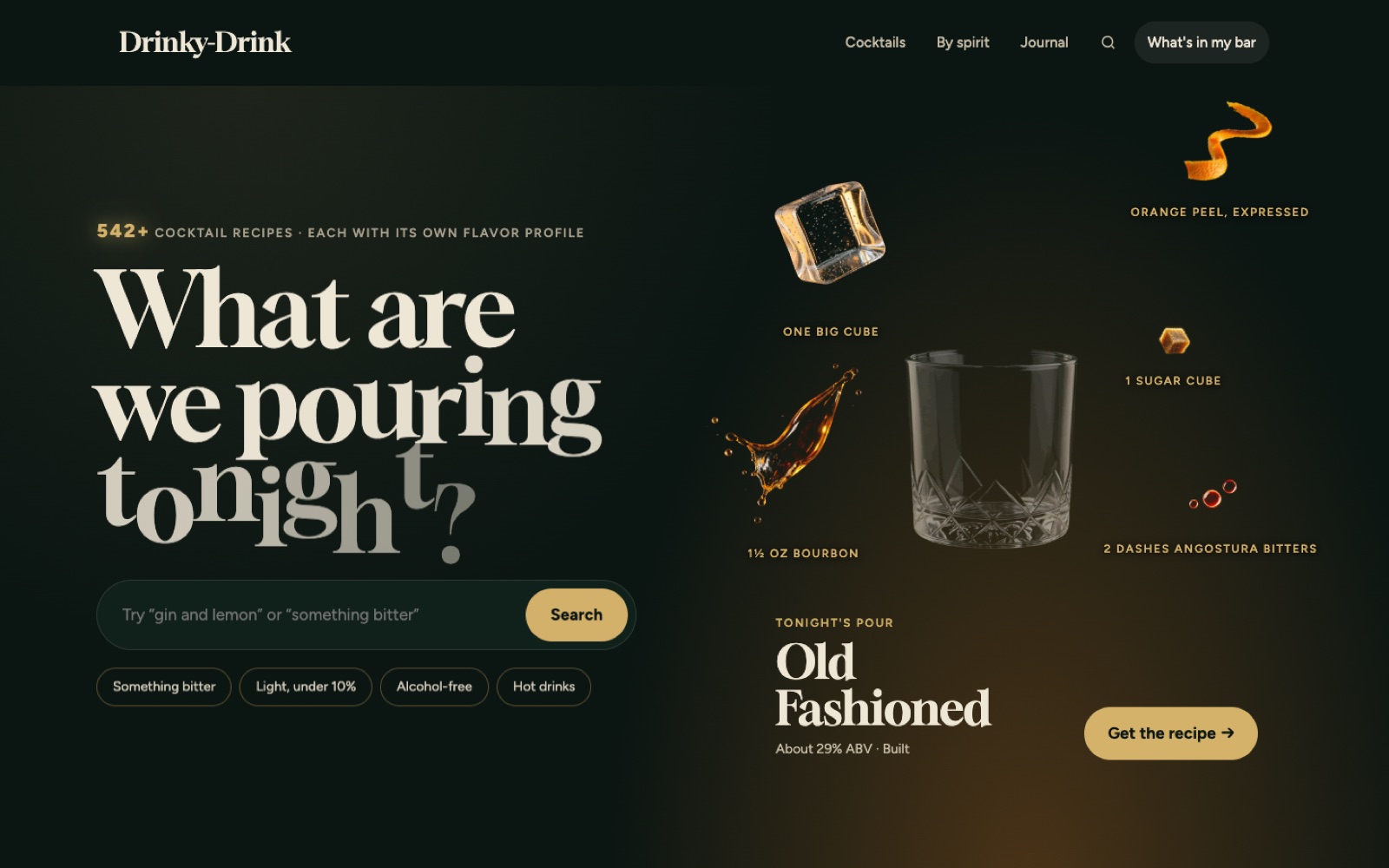 Drinky-Drink homepage with the cocktail ingredients floating apart