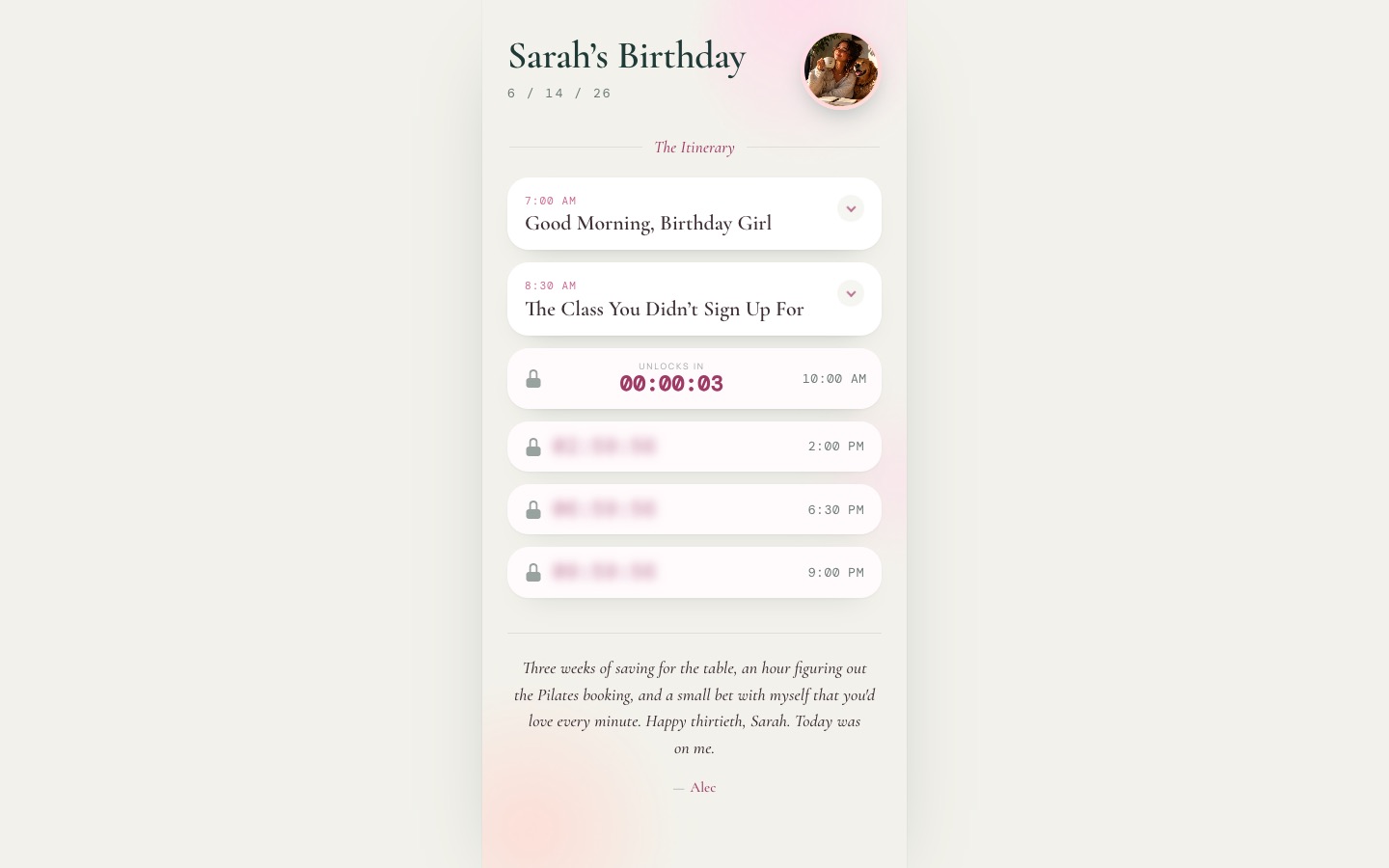 The finished gift: Sarah's Birthday itinerary with moments unlocking