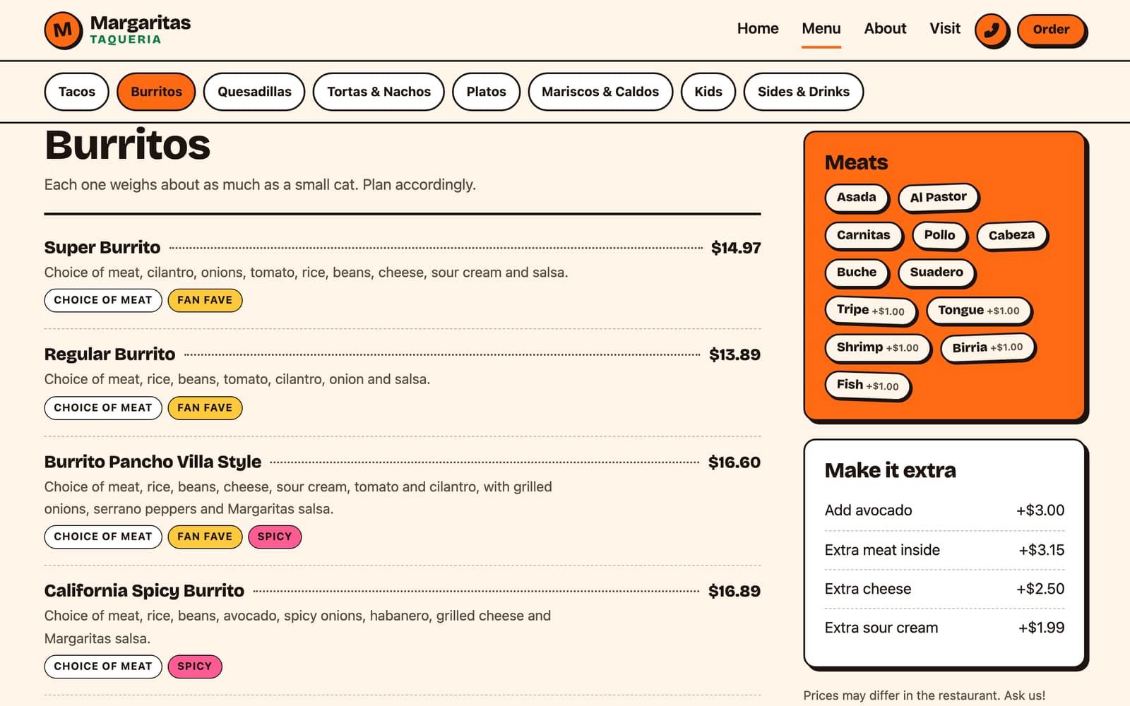 The proposed menu page on desktop, with sections, prices and labels