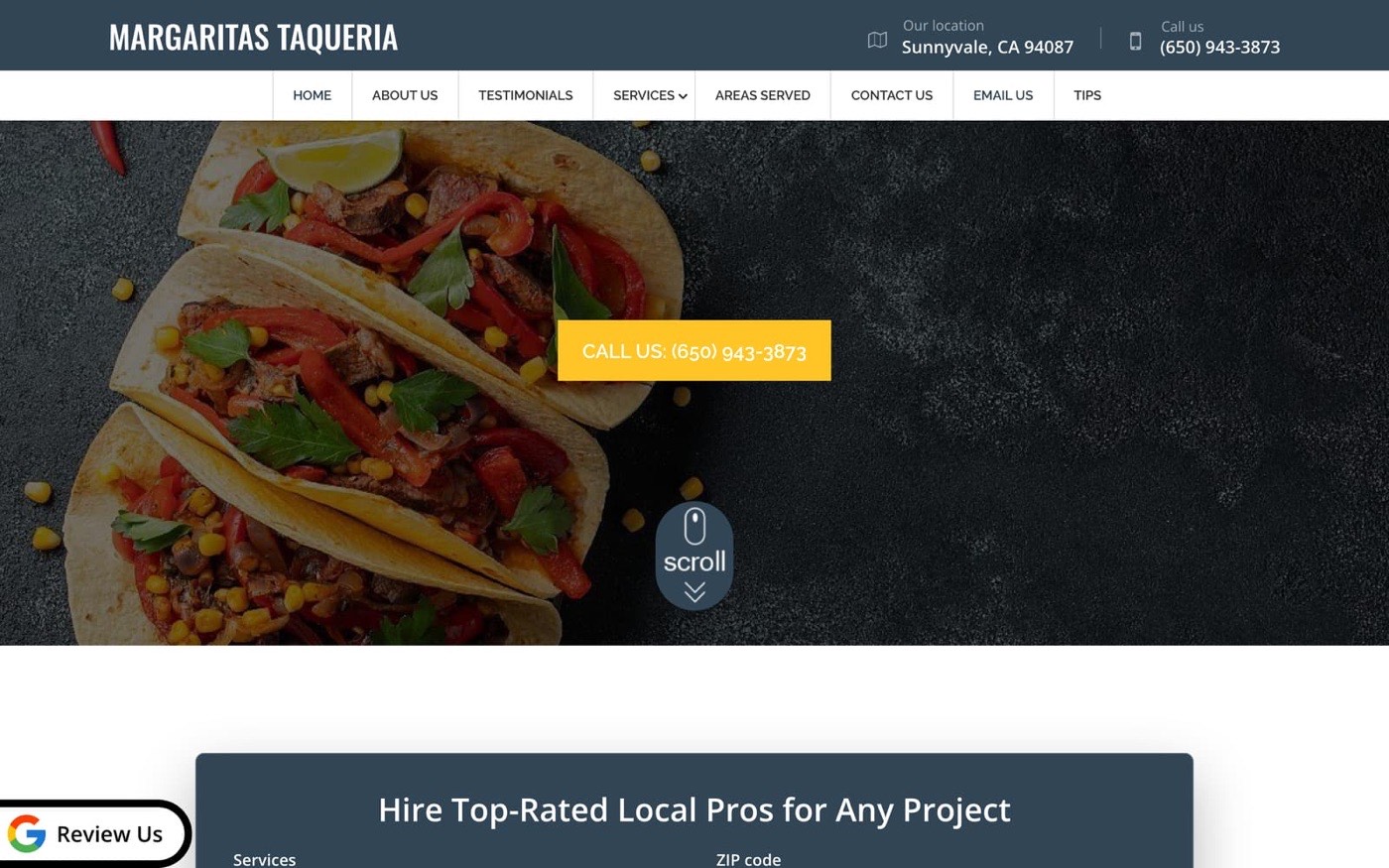 Margaritas Taqueria's current website, a generic services template